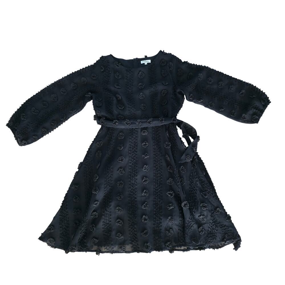 Polagram Black Swiss Dot Floral Bishop Sleeve Tie Waist Dress Women Sz L